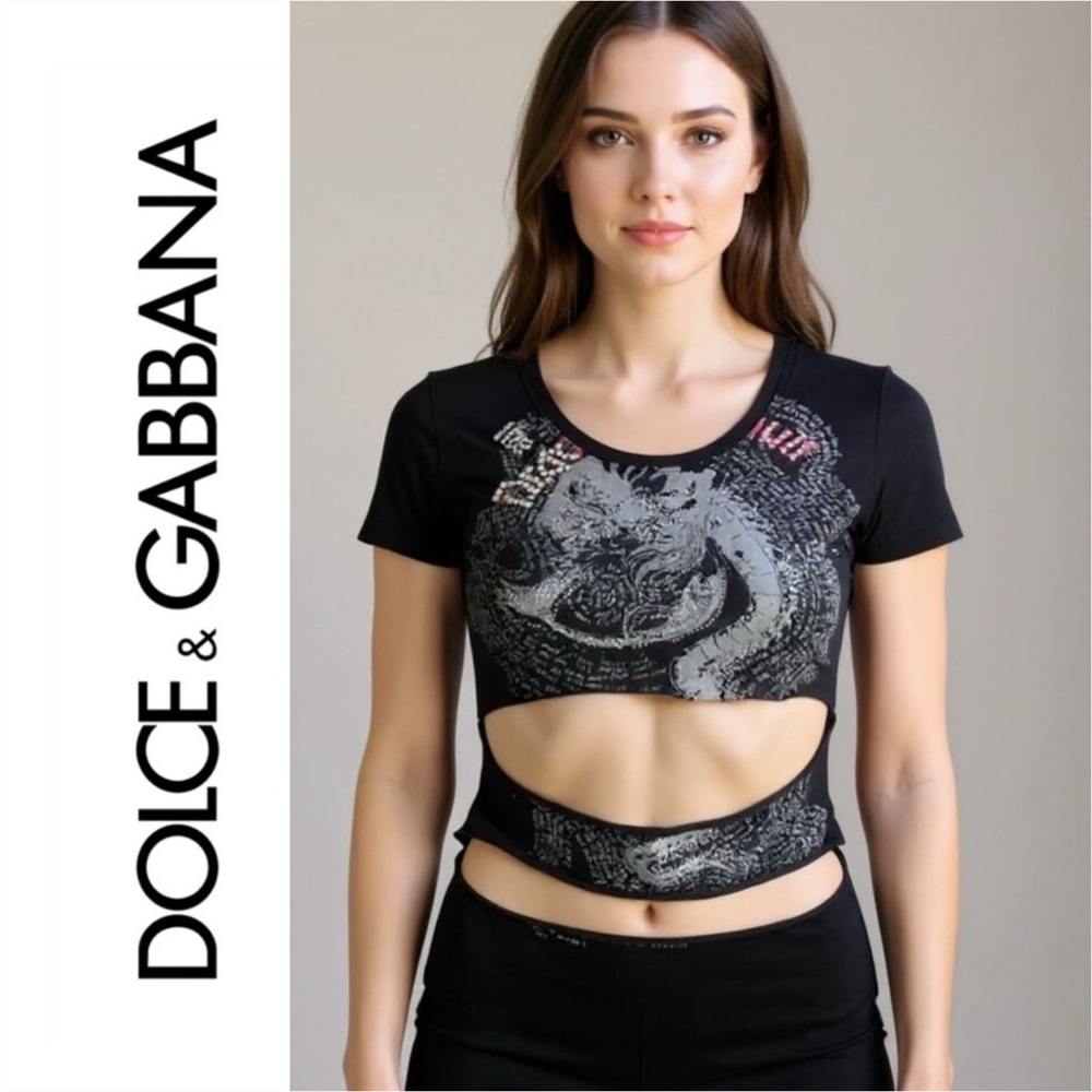 Vintage Dolce & Gabbana Y2K Black T-Shirt Rhinestone Dragon Cut Up Tee Shirt